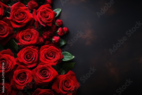 red roses border frame on dark wooden background top view  floral template with copy space