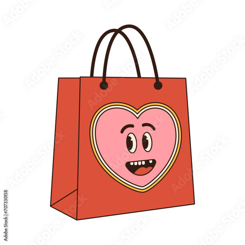 shopping bag groovy retro icon Retro cartoon Valentines day element in trendy retro 60s 70s style. Vector illustration.
