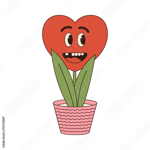 heart plant groovy retro icon Retro cartoon Valentines day element in trendy retro 60s 70s style. Vector illustration.