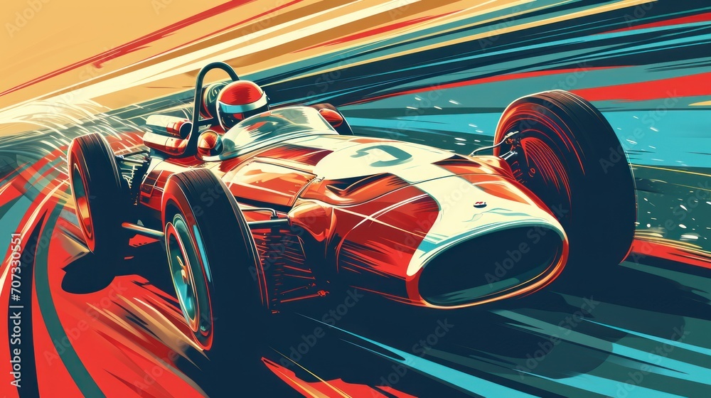 a painting of a racing car on a race track with motion blurs around the ...