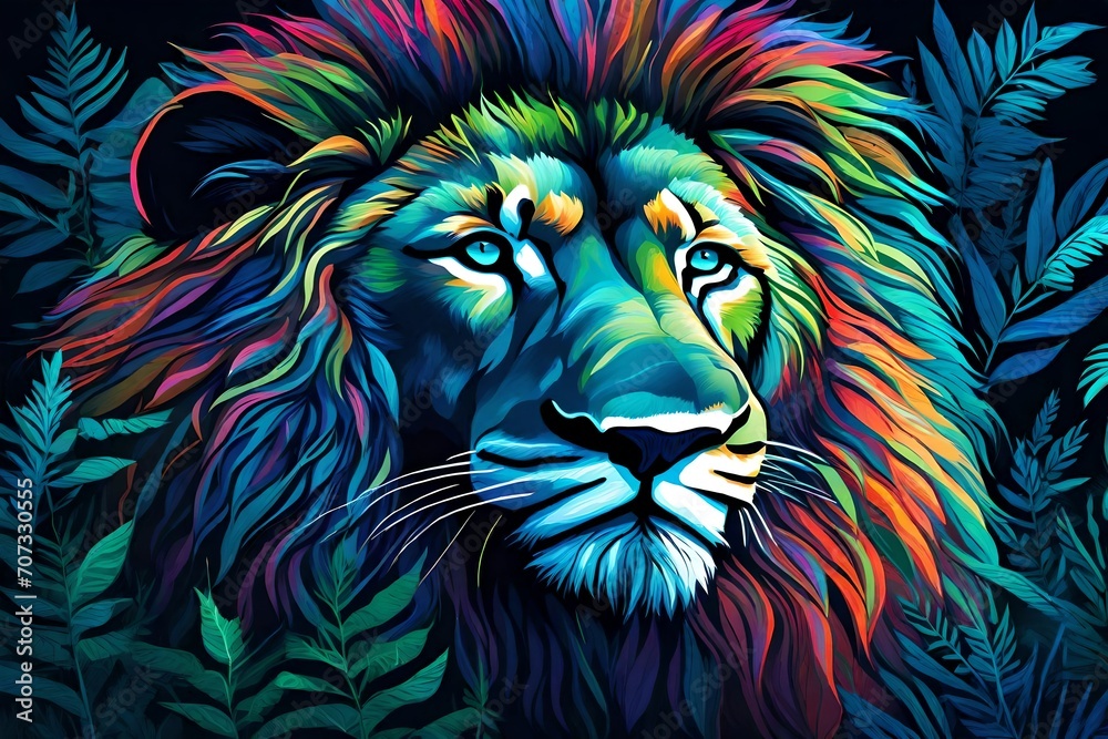 A neon lion amidst vibrant, glowing foliage, radiating strength against a dark backdrop