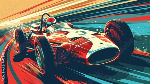  a painting of a racing car on a race track with motion blurs around the car and the driver in the driver's seat is in the front of the car. photo