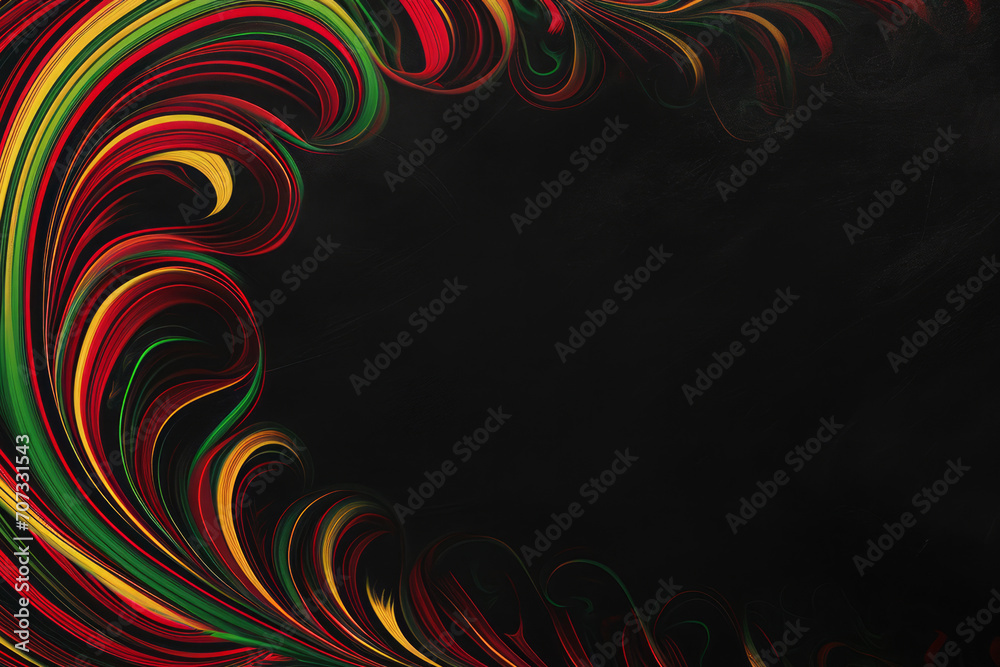 Black History Month color background with copy space for text. Red, yellow, green color swirling lines on black background - obrazy, fototapety, plakaty 