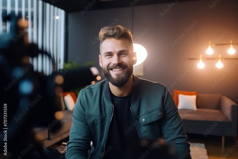 Cheerful man with beard filming in a stylish interior. Cheerful man with beard filming in a stylish interior.
