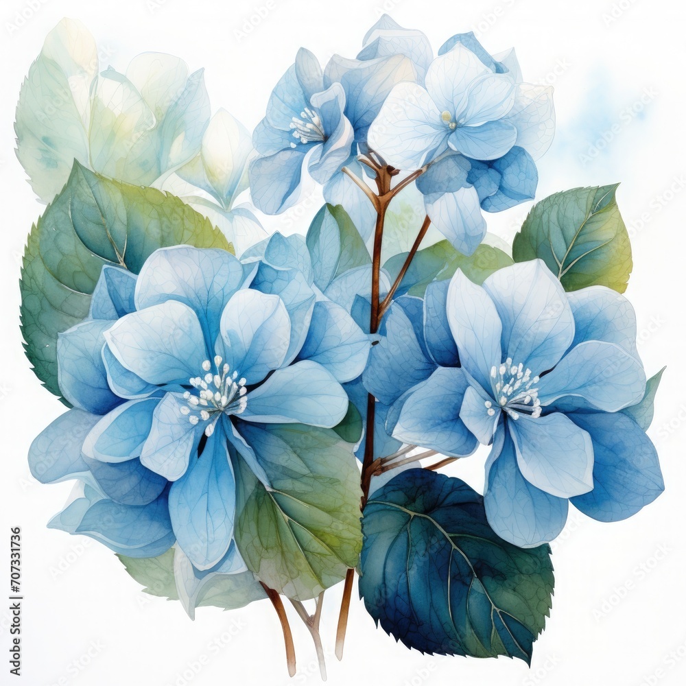 A beautiful watercolor illustration of a hydrangea flower, showcasing its vibrant colors and delicate petals A beautiful watercolor illustration of a hydrangea flower, showcasing its vibrant colors and delicate petals