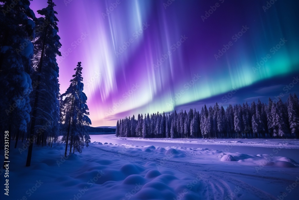 Majestic Display of Polar Lights Over Serene Snowy Landscape, Evoking Tranquility and Wonder