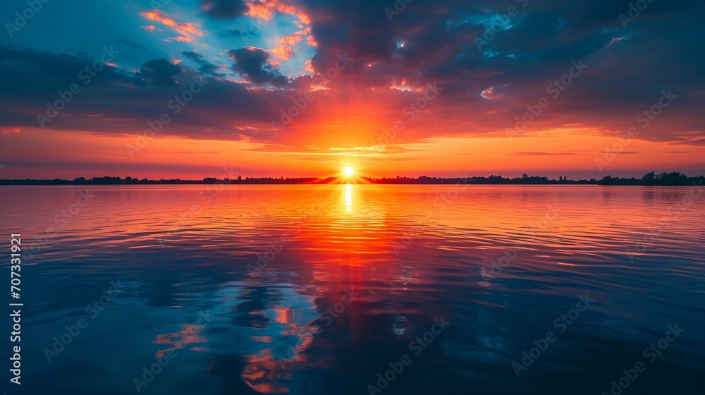 A breathtaking panoramic view of the sun rising over a tranquil lake, casting warm hues across the water. [Lake sunrise panorama]
