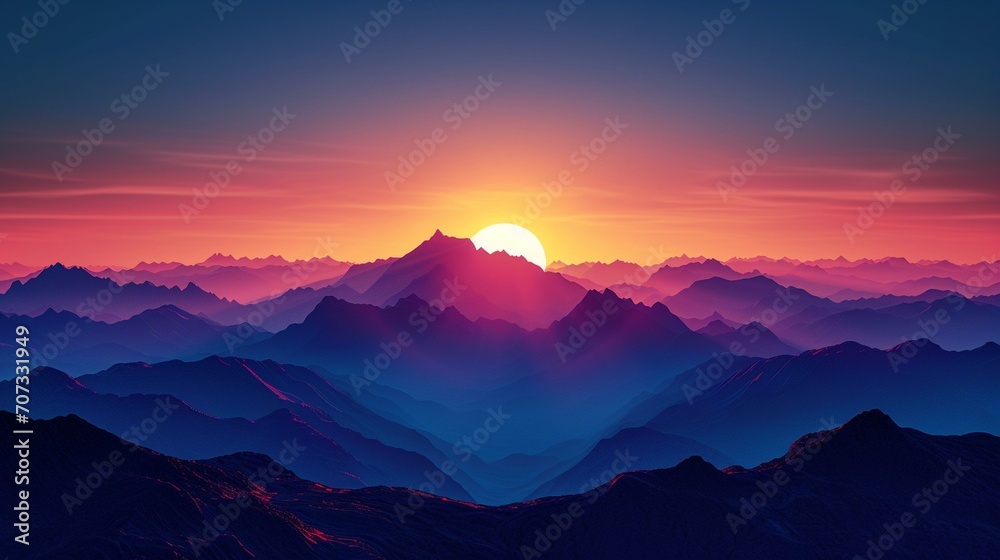 The silhouette of a mountain range against a vibrant sky as the sun rises, creating a dramatic and majestic dawn scene. [Mountain dawn silhouette]