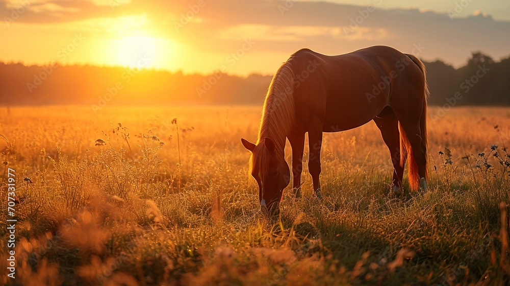 A horse grazing in a meadow, with the soft light of dawn creating a serene and picturesque rural scene. [Meadow horse at dawn]