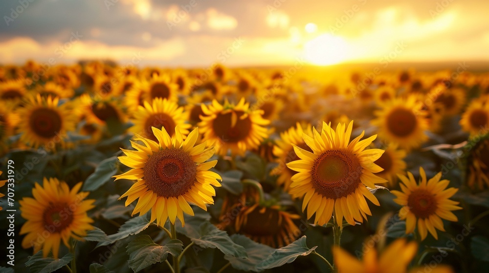 A field of sunflowers turning to face the rising sun, creating a vibrant and dynamic scene at the dawn of a new day. [Sunflowers in the dawn light]