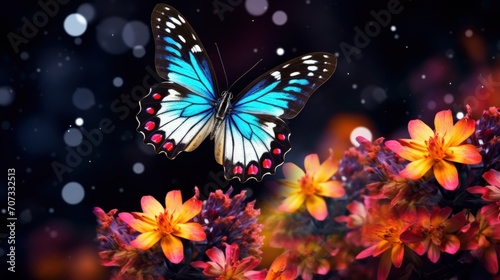 Colorful butterfly flying over beautiful red flowers on blur background. Generative AI