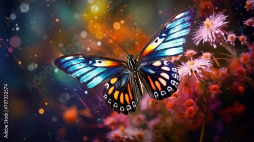 Colorful butterfly flying over beautiful red flowers on blur background. Generative AI