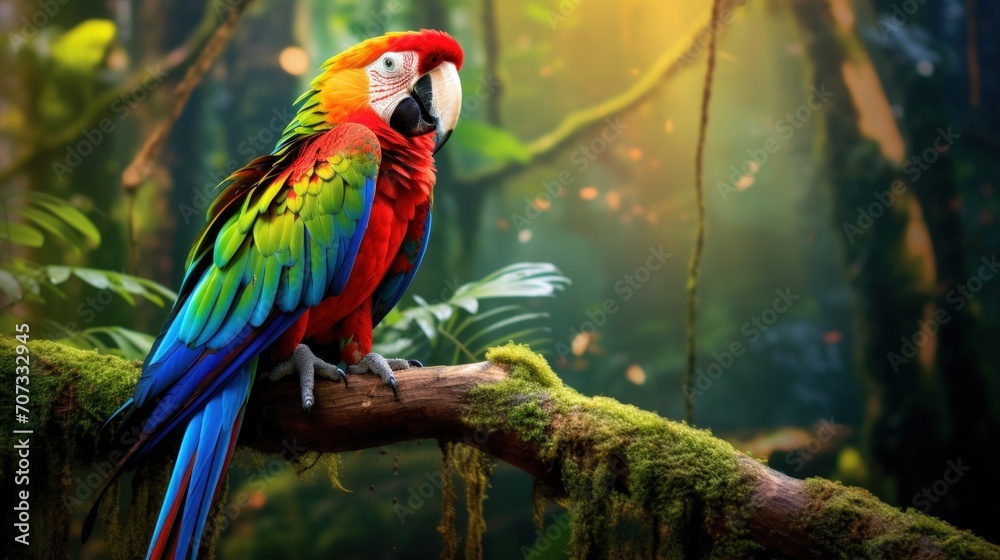 Colorful Parrot Macaw on the Jungle. generative AI