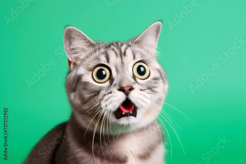 Funny surprised cat isolated on bright green background. Studio portrait of a cat with amazed face.