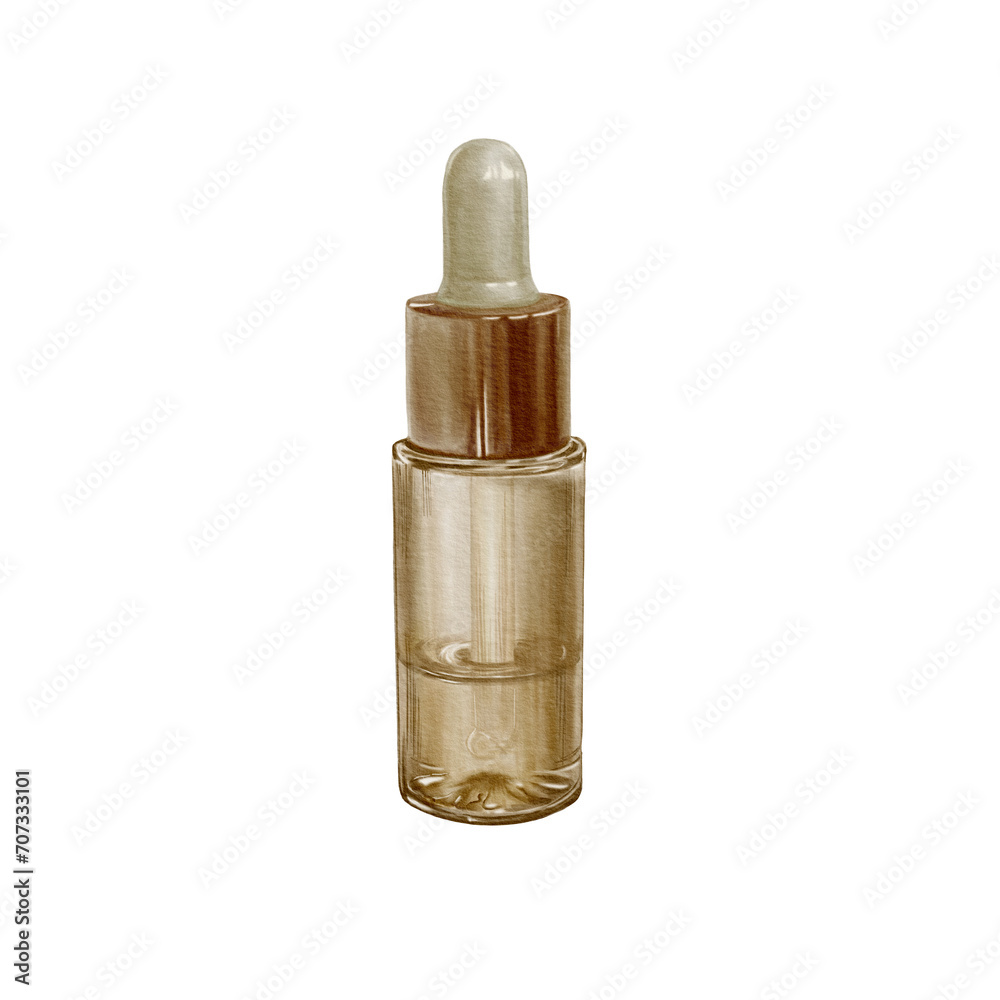 Glass bottle with dropper watercolor illustration. Small bottle with oil, serum, liquid inside for cosmetic or treatment. Glass container with pipette element. Glass bottle with dropper watercolor illustration. Small bottle with oil, serum, liquid inside for cosmetic or treatment. Glass container with pipette element.