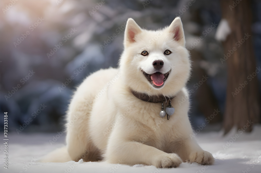 Obraz premium Perro hasky blanco en un bosque nevado con la lengua
