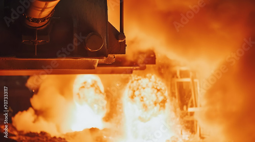 Um tiro dramático de um alto-forno em uma planta de fabricação de aço ilustrando o calor intenso e os processos industriais envolvidos na produção de aço photo