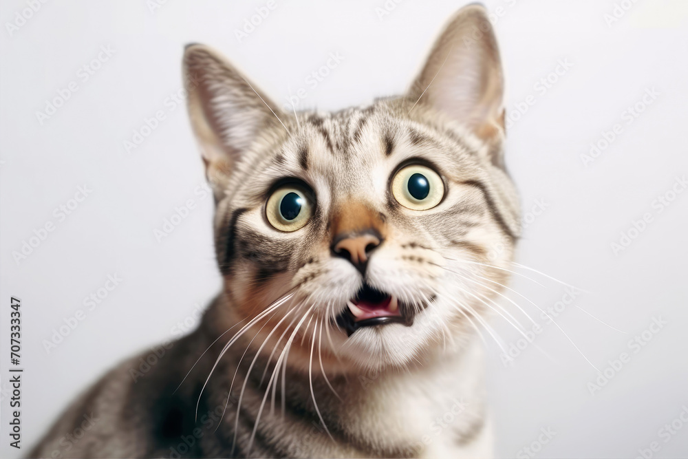 Funny surprised cat isolated on white background. Studio portrait of a cat with amazed face.