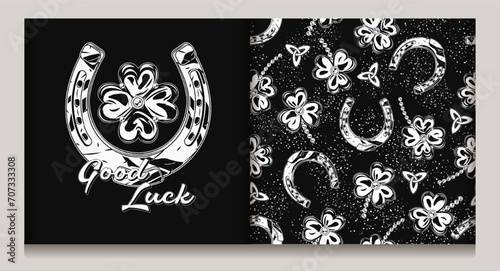 St Patricks day label, seamless pattern with trefoil, lucky shamrock, Triskele Celtic knot, horseshoe amulet, text Good Luck. Vintage black and white festive illustrations on dark background