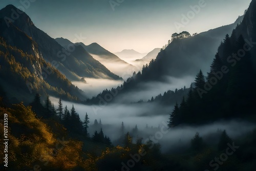  Mountains veiled in dense fog, lending an air of mystery and intrigue to their rugged contours. © Sidra