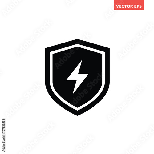 Black single electric shield icon, simple electric station or voltage protection flat design vector pictogram, infographic interface elements for app logo web button ui ux isolated on white background
