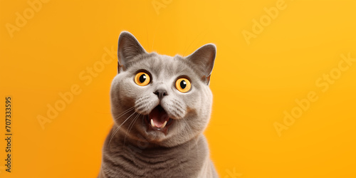 Funny british shorthair cat portrait looking shocked or surprised on orange background with copy space © Cato_Ri