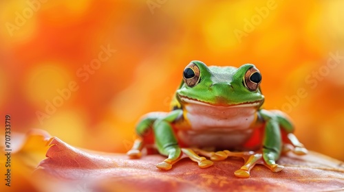  a frog sitting on top of a leaf in front of a background of orange and yellow leaves with a blurry image of a frog on it s back.