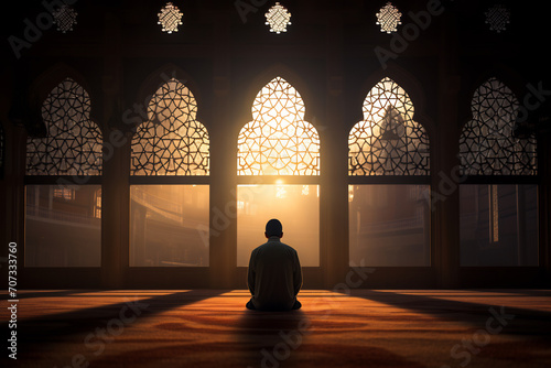 a person engaged in prayer inside a mosque during the sacred month of Ramadan