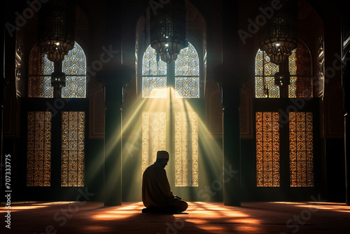 a person engaged in prayer inside a mosque during the sacred month of Ramadan