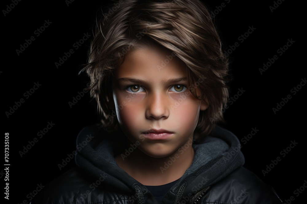 Portrait of a boy in a black jacket on a black background - obrazy, fototapety, plakaty 