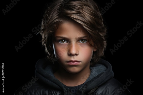 Portrait of a boy in a black jacket on a black background photo