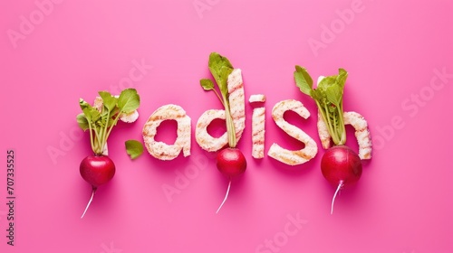 the word "radish" artistically created from sliced radishes on a vibrant pink background, potentially for an engaging and colorful food advertisement.