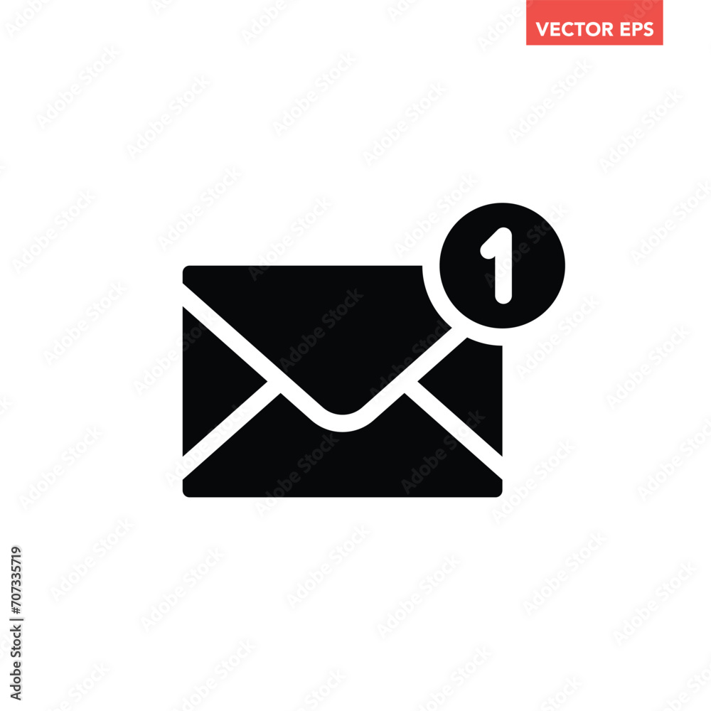 Black single new email notification icon, simple one incoming mail flat design vector pictogram, infographic interface elements for app logo web button ui ux isolated on white background Black single new email notification icon, simple one incoming mail flat design vector pictogram, infographic interface elements for app logo web button ui ux isolated on white background