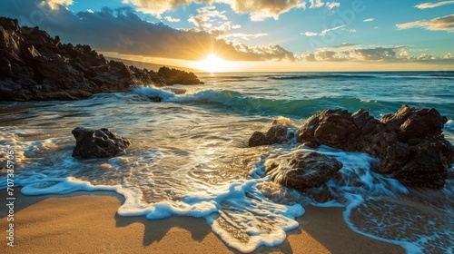  the sun is setting over the ocean with waves crashing on the shore and rocks in the foreground, and a rock formation in the foreground, on a sandy beach.