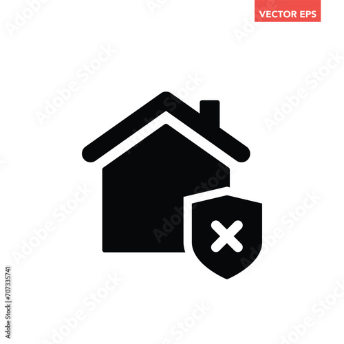 Black single house insecure icon, simple house shield flat design vector pictogram, infographic interface elements for app logo web button ui ux isolated on white background 