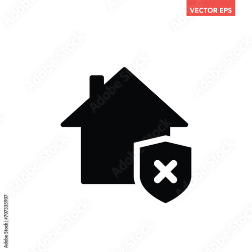 Black single house insecure icon, simple house shield flat design vector pictogram, infographic interface elements for app logo web button ui ux isolated on white background 