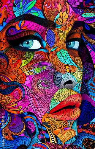 Abstract woman face Illustrated, in colorful Mandala pattern, cubism art, Maori Art 
