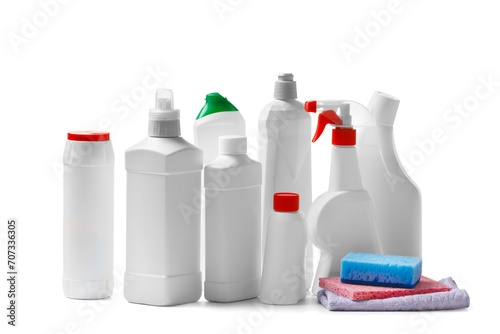 Set of bottles with household chemicals, detergents, cleaners and cleaning tools on a white background.