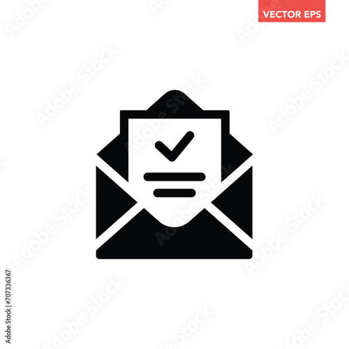 Black single email with confirmed document icon, simple mail received flat design vector pictogram, infographic interface elements for app logo web button ui ux isolated on white background