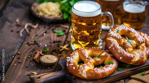 Soft pretzel and bavarian white sausage weisswurst made from minced veal and pork back bacon, mug with beer, crauti or sauerkraut, mustard. German octoberfest lunch photo