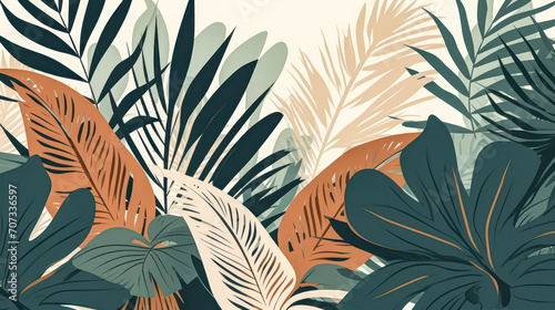 Watercolor exotic leaves on a soothing beige background