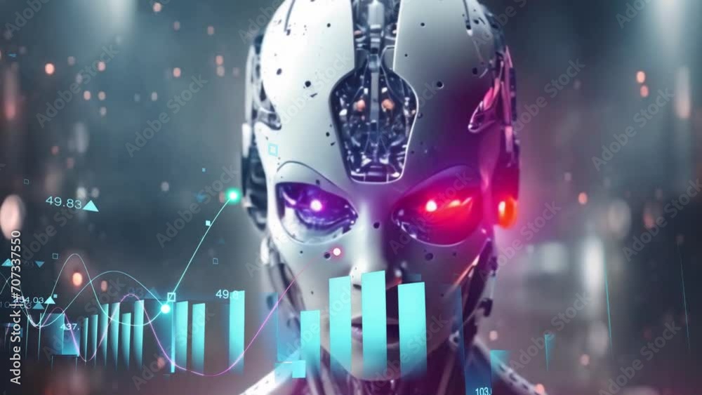 Rostro de humanoide observando y analizando datos, valores de las acciones, hace cálculos, es experto en finanzas, prevee el futuro comportamiento del mercado y genera grandes ganancias mediante su IA