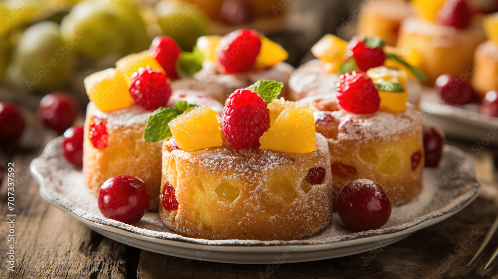 Dessert cakes topped with fruit and powdered sugar. Dessert cakes topped with fruit and powdered sugar.