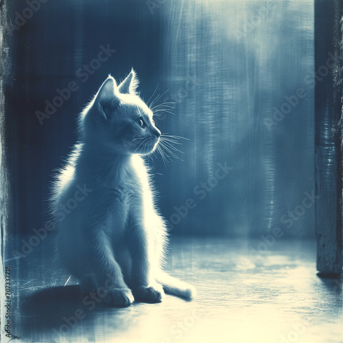 Cyanotype d'un chaton, ambiance douce, tons bleus, chaton de profil photo
