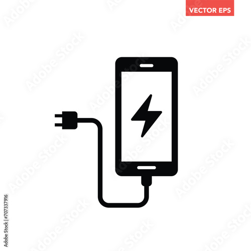 Black single charging smart phone filled icon, simple electronic flat design pictogram, infographic vector for app logo web website button ui ux interface elements isolated on white background