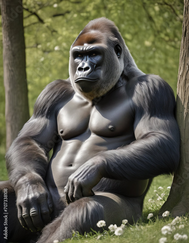 gorilla sits in the park under a tree in spring