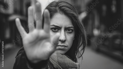 Woman gesturing stop, black and white emotion.
