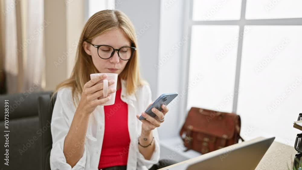 A focused woman with glasses uses a smartphone while drinking from a cup at an office desk. A focused woman with glasses uses a smartphone while drinking from a cup at an office desk.