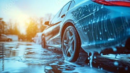 Washing a car with foam.