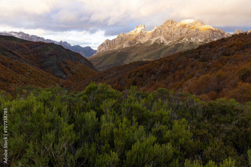 Panoramic landscape of Picos de Europa national park in Autumn with brigh colorful leaves in fall Panoramic landscape of Picos de Europa national park in Autumn with brigh colorful leaves in fall